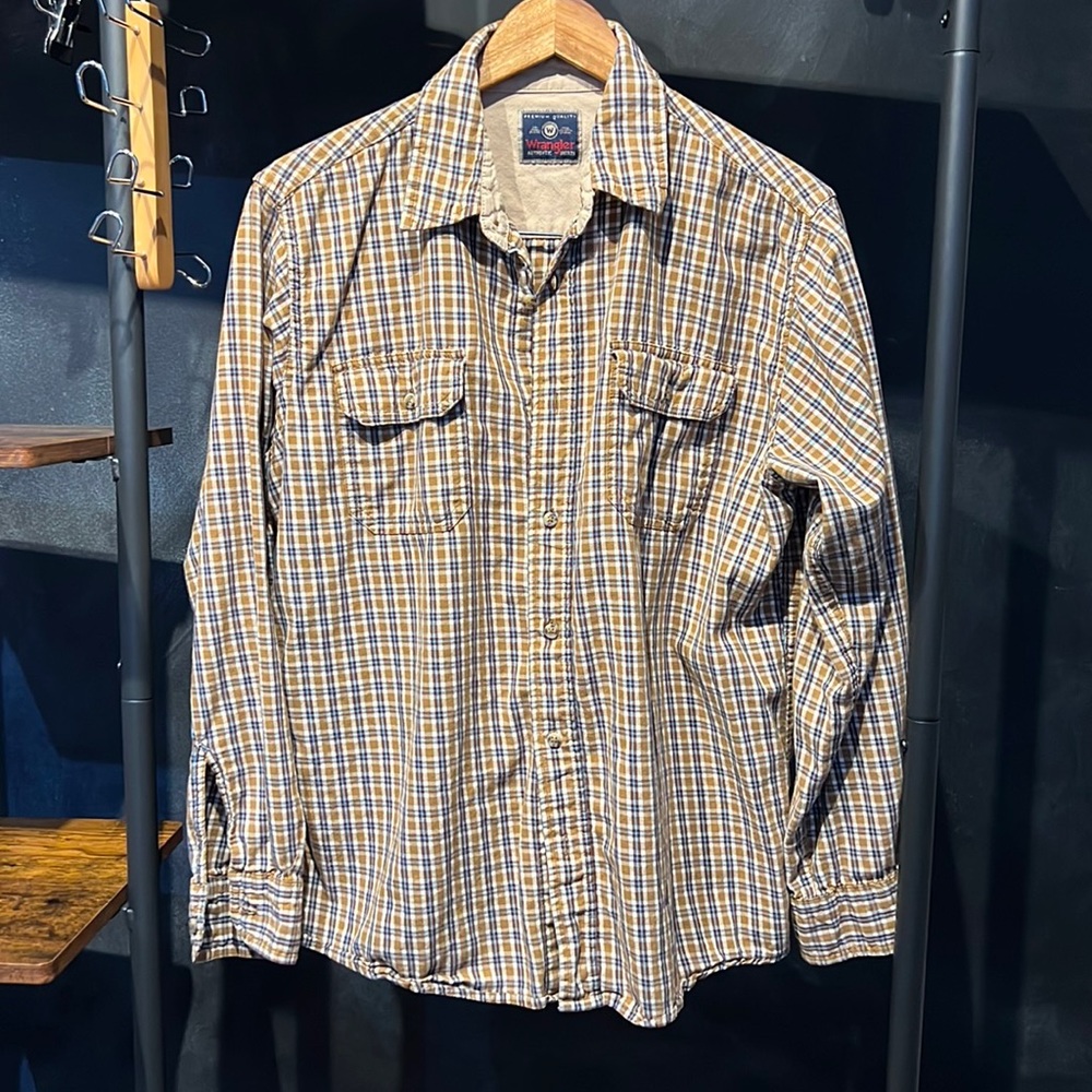 Excellent brown & blue flannel plaid WRANGLER beautiful quality goods